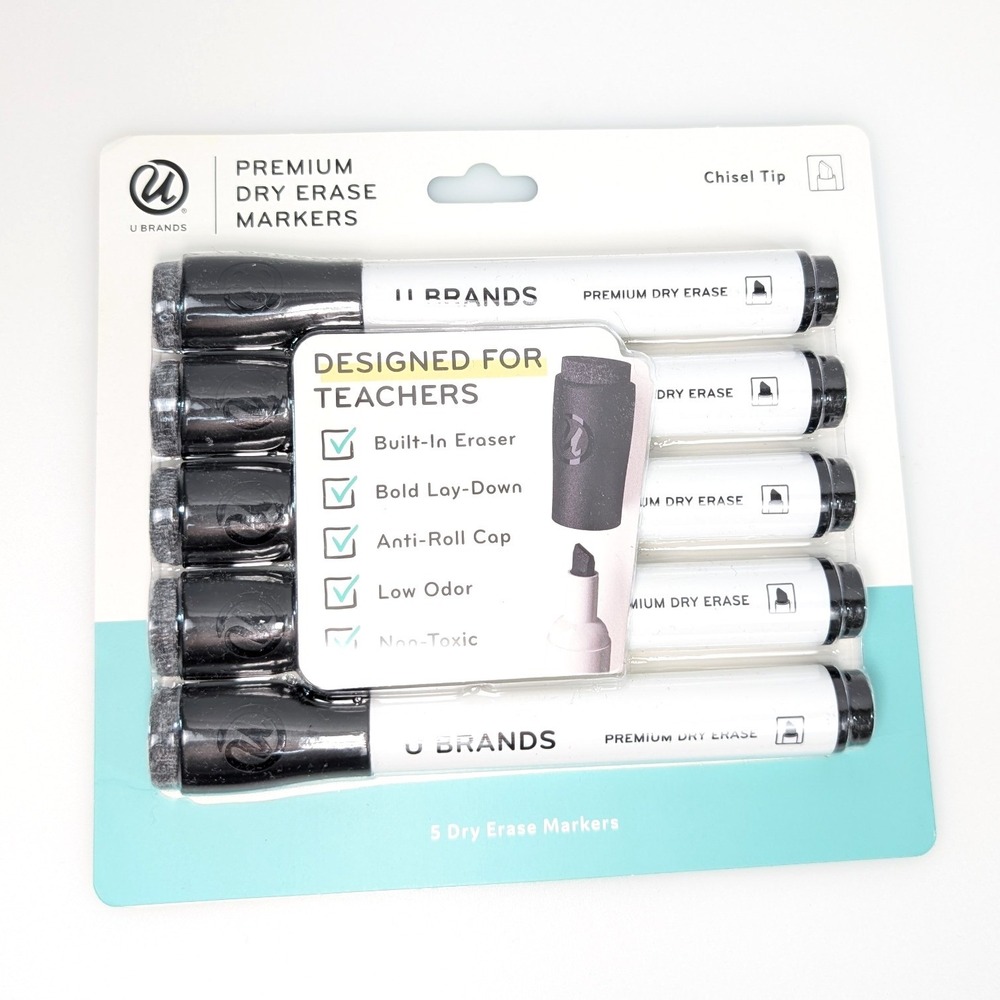 Set of 5 U Brands Chisel Tip Dry Erase Markers Whiteboard Low Odor Black Eraser